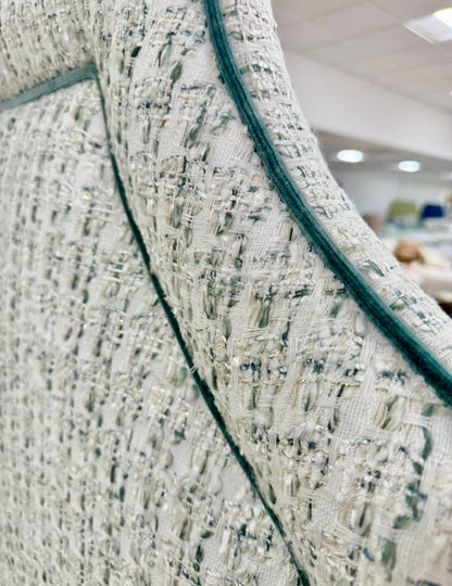 65" H King Platform Bed - Scalloped Legs - Textured Kravet Fabric- Teal Trim