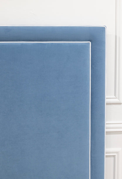 The Jacob King Bed - Upholstered Legs - Ocean Blue Performance Velvet Fabric - White Trim