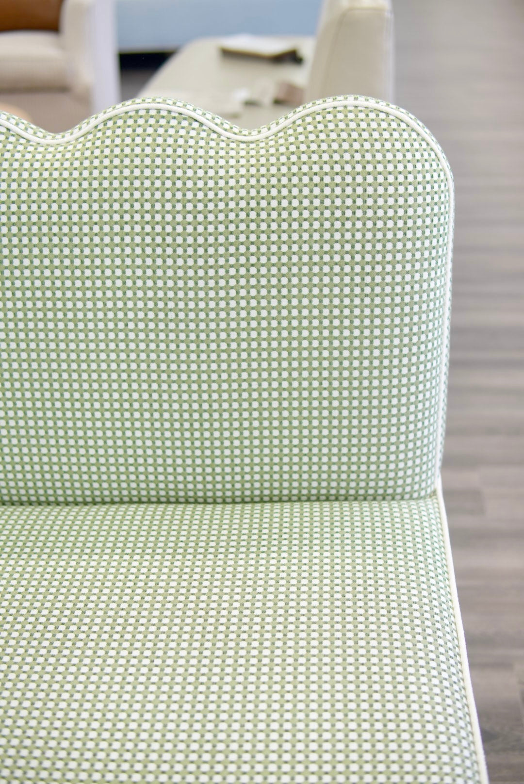 76"L Custom Scalloped Banquette in Darcy Leaf Fabric from Thibaut - Modern Upholstered Dining Banquette with Pleated Skirt