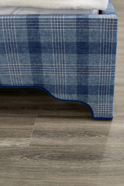 65”H Queen Upholstered Platform Bed - Navy Plaid Fabric - Navy Trim