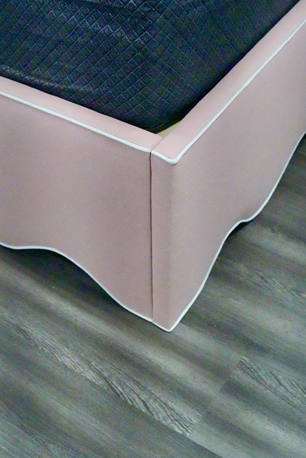 60”H Queen Upholstered Platform Bed - Scalloped Base - Blush Pink Linen Fabric with White Pink