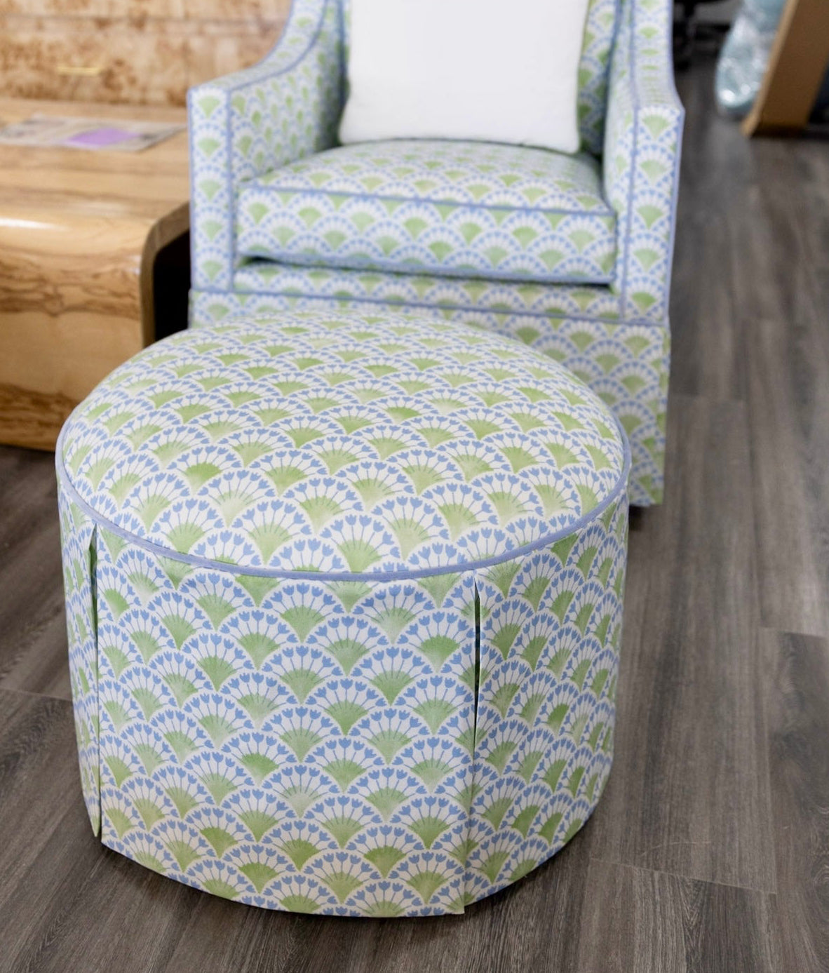 The Marlowe Ottoman - Floral Green / Blue Fabric with Blue Trim