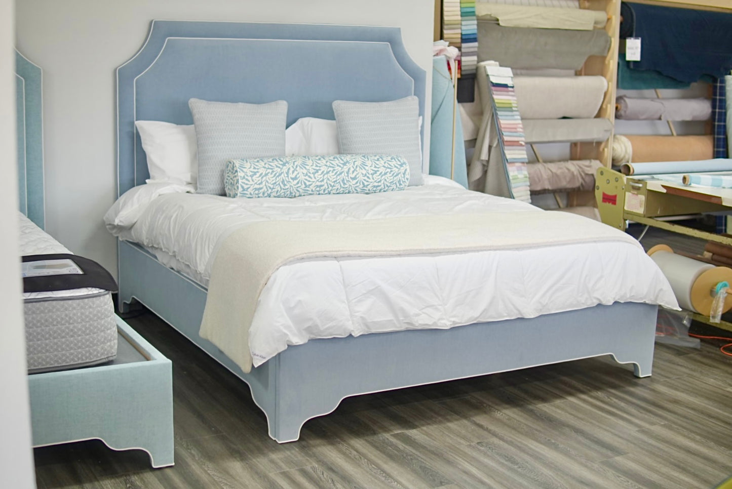 65"H King Bed  - Ashley Blue Chenille Fabric