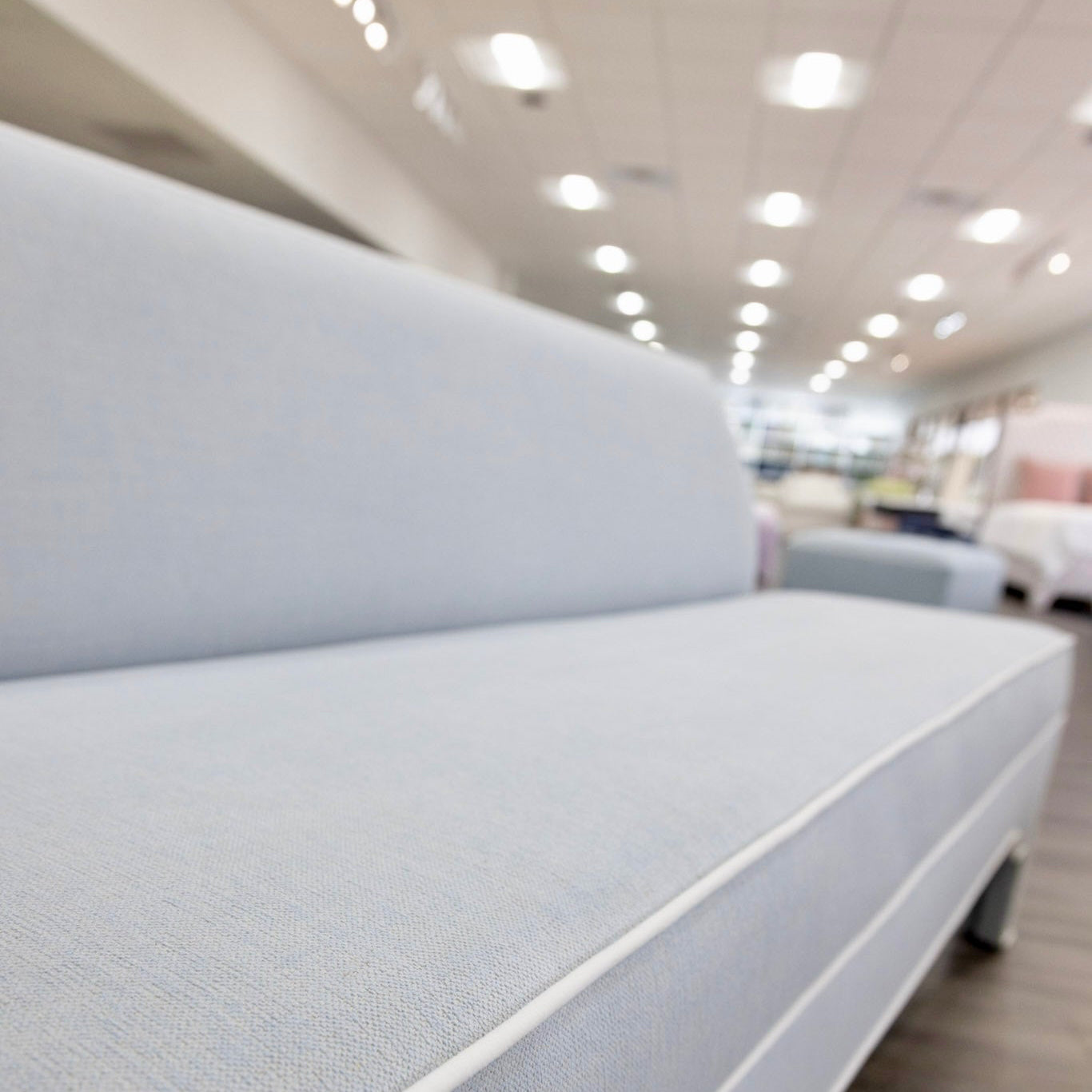 The Helena Banquette – Light Blue Crypton Fabric, White Piping