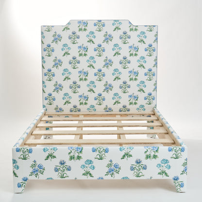65”H Queen Upholstered Platform Bed - Fabricut Floral Fabric - Sky Blue Trim
