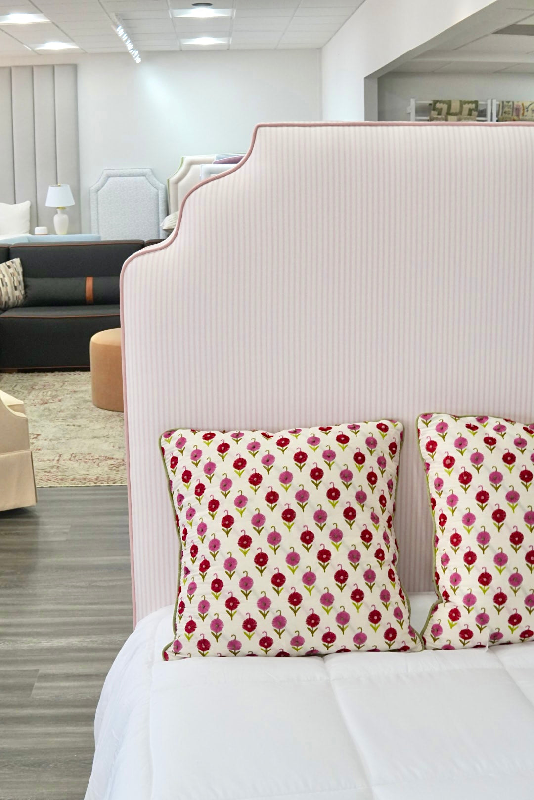 60”H Twin Upholstered Platform Base Bed - Scalloped Base - Classic Ticking Pink Fabric with Pink Trim