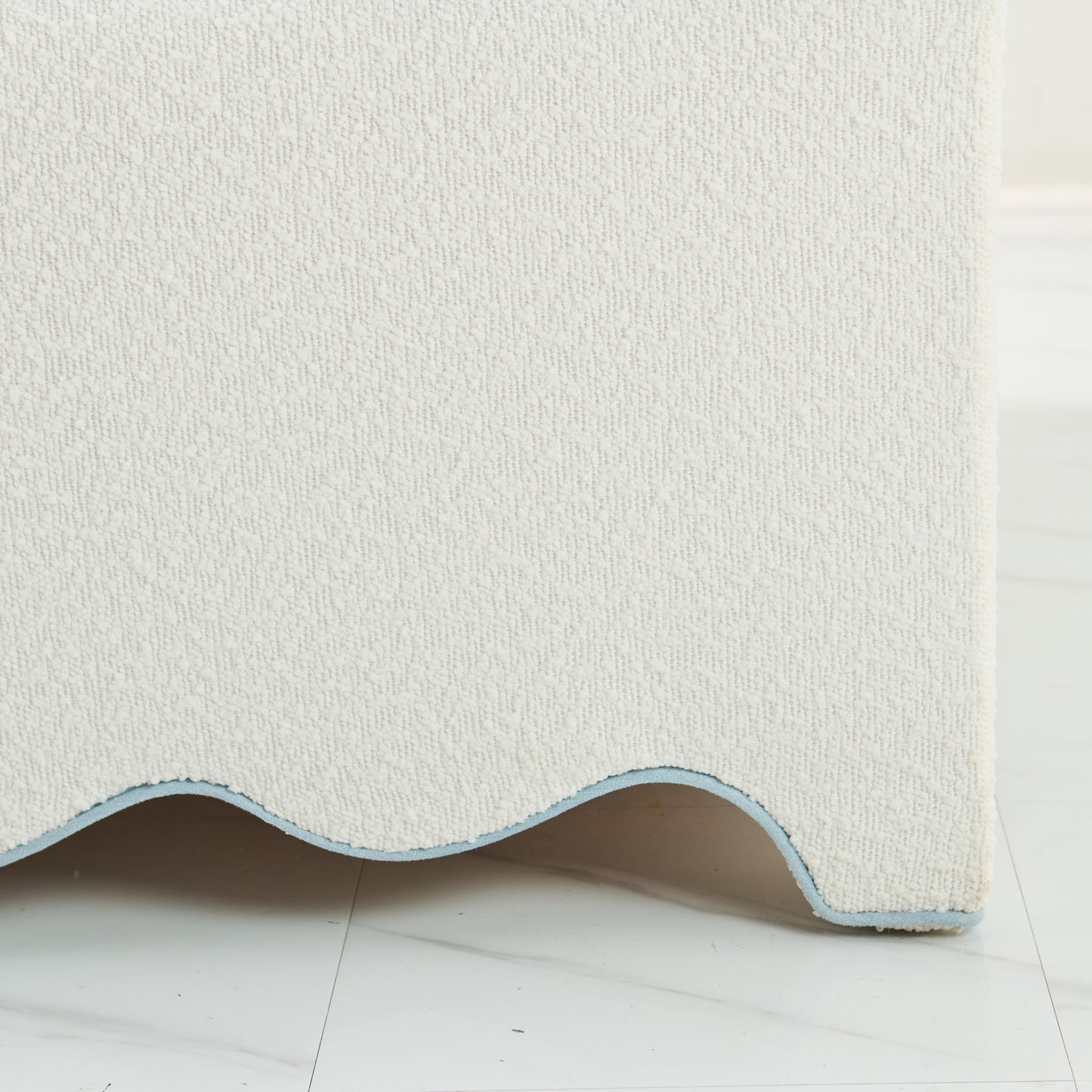 Scalloped Ottoman / Coffee table in White Boucle Fabric - Sky Blue Trim