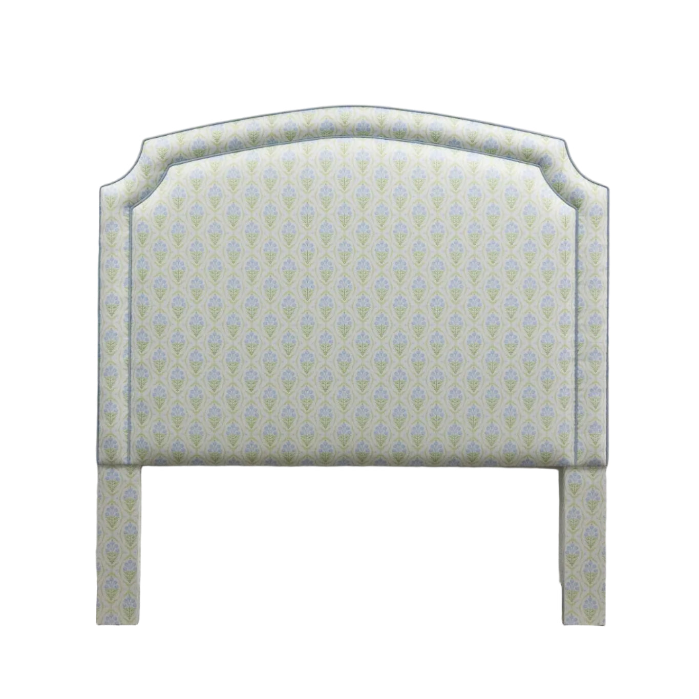 The Aliana Queen Headboard - Blue and Green Satin Fabric - Blue Trim