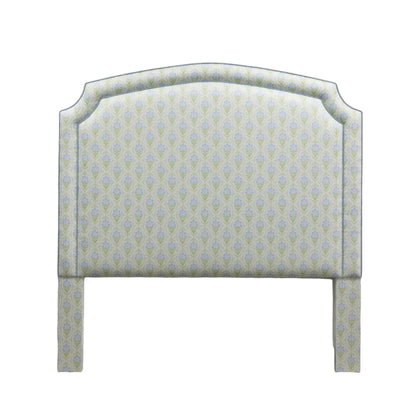 The Aliana Queen Headboard - Blue and Green Satin Fabric - Blue Trim
