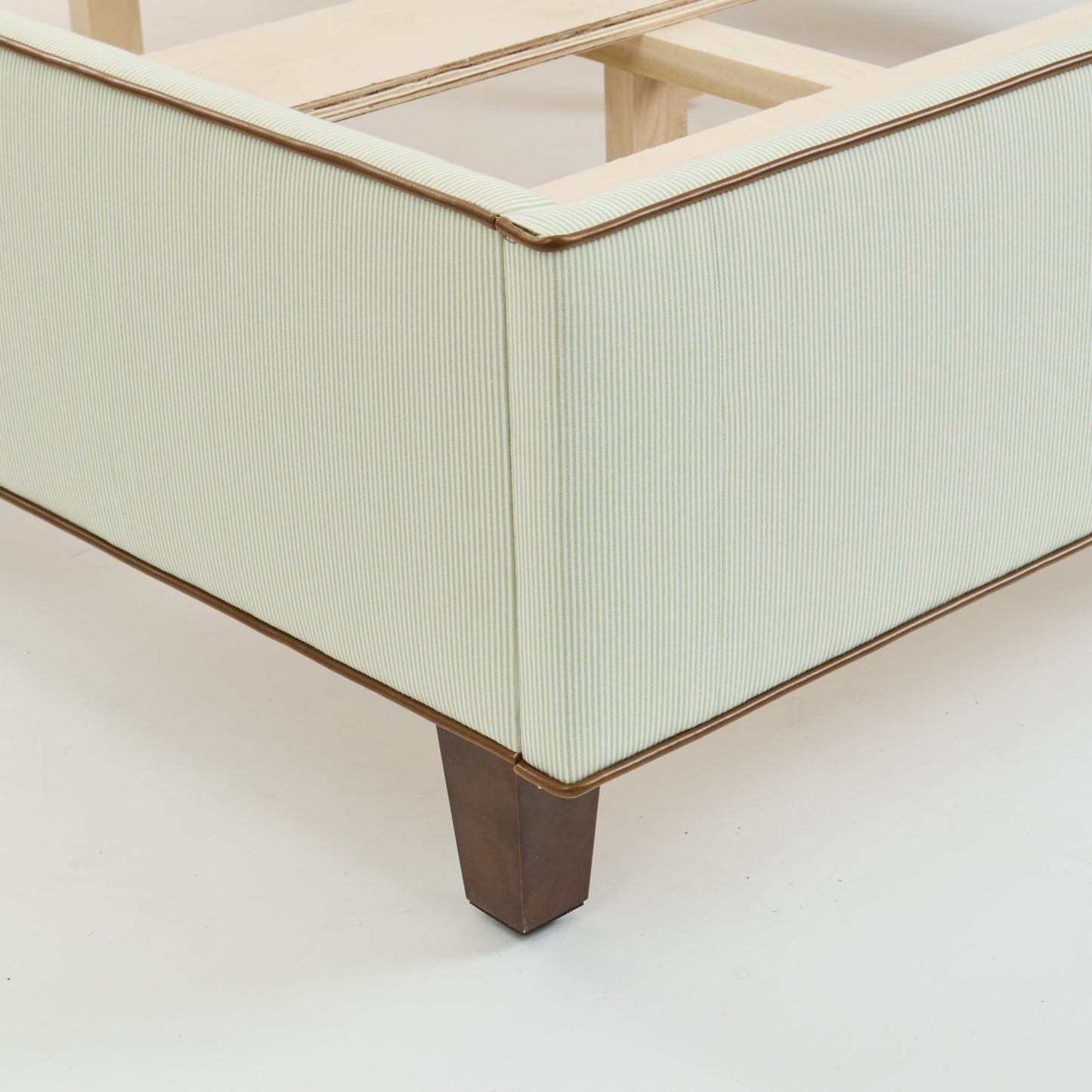 The Lorraine Queen Platform Bed - Striped Green & White Fabric - Leather Trim