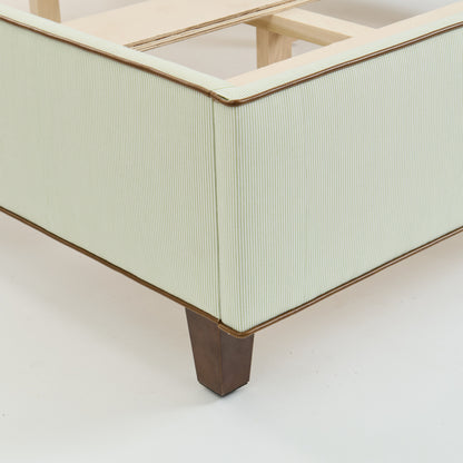 The Lorraine Queen Platform Bed - Striped Green & White Fabric - Leather Trim