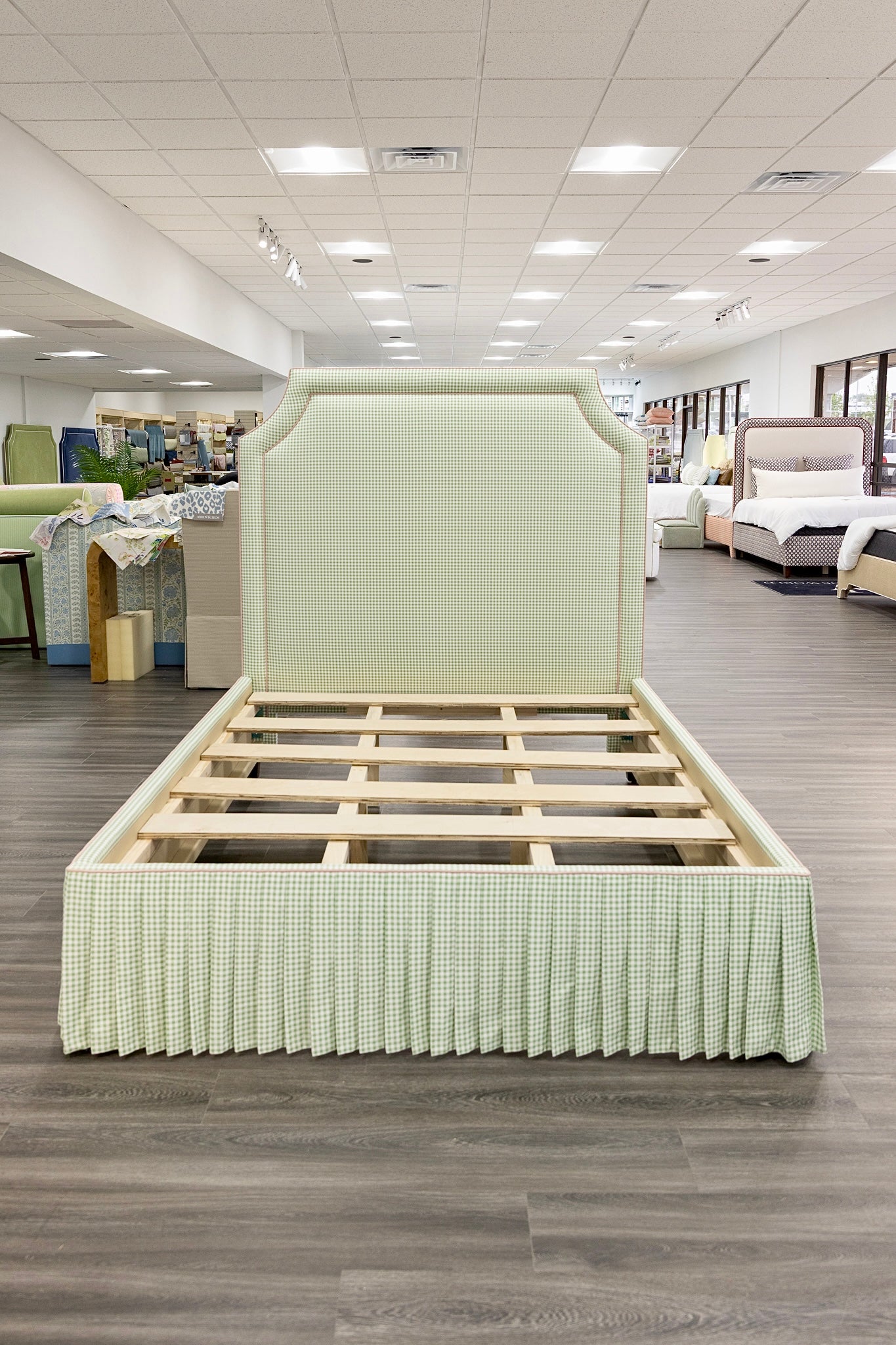 The Addison Queen Bed - Skirted Base - Sage Green Gingham Fabric - Pink Trim