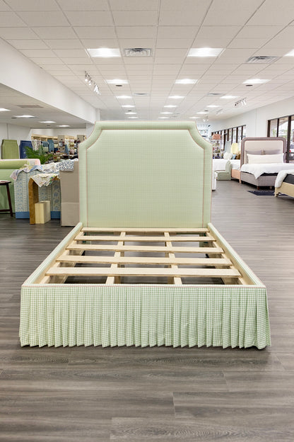 The Addison Queen Bed - Skirted Base - Sage Green Gingham Fabric - Pink Trim