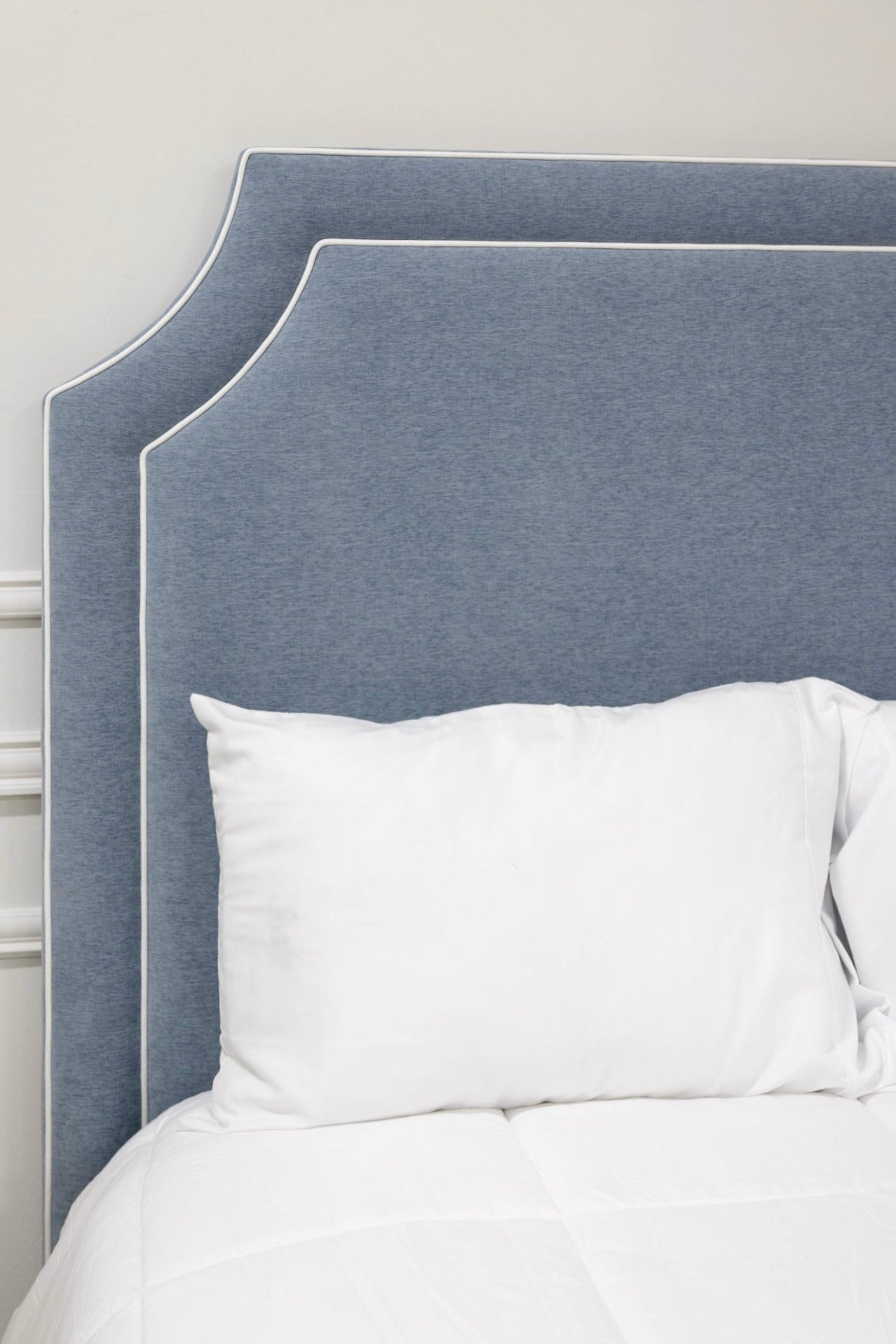 The Addison Queen Bed - Crypton Blue Linen Look Fabric - White Trim