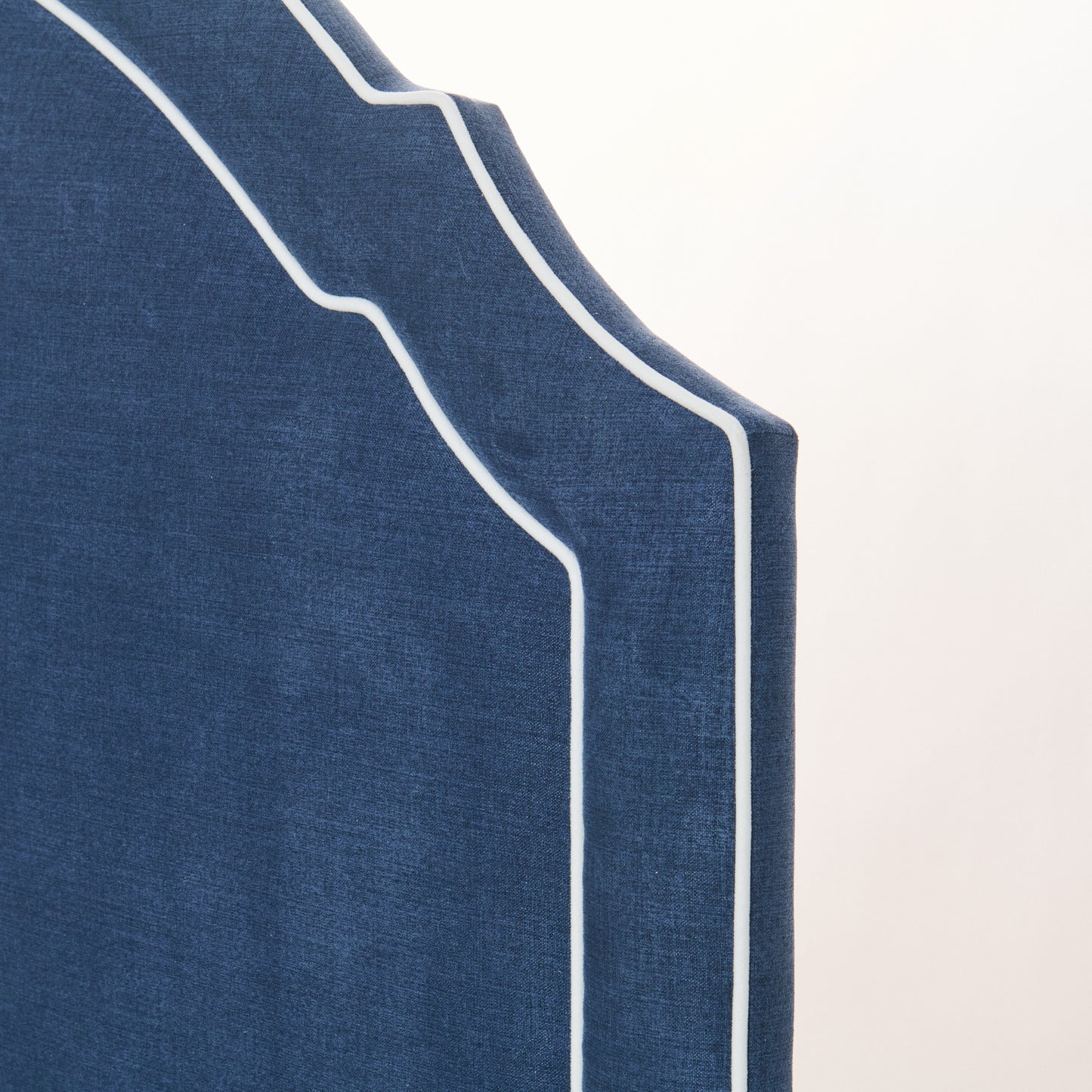 The Grace Queen Bed - Scalloped Legs - Navy Woven Fabric with White Trim