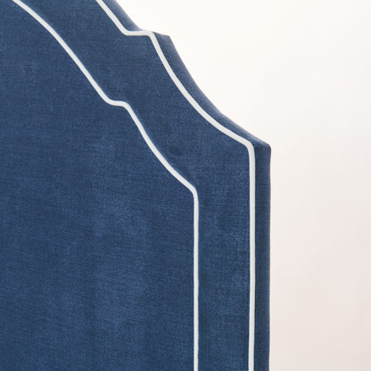The Grace Queen Bed - Scalloped Legs - Navy Woven Fabric with White Trim