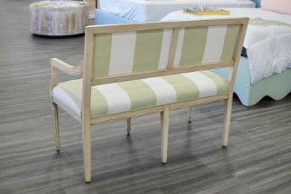 Italian Carved Upholstered Bench in Sage & Ivory Wide Stripe