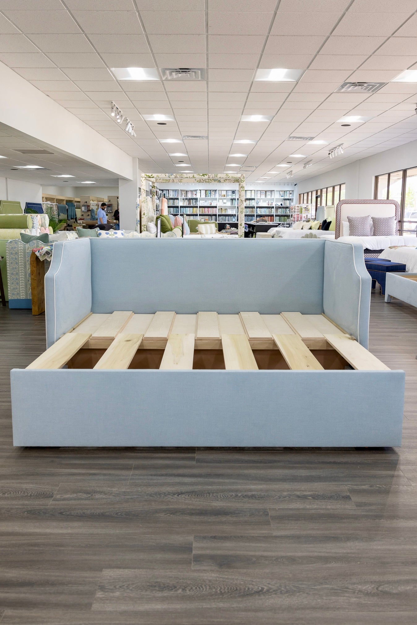 The Addison Twin to King Trundle Daybed - Sky Blue Woven fabric - White Trim