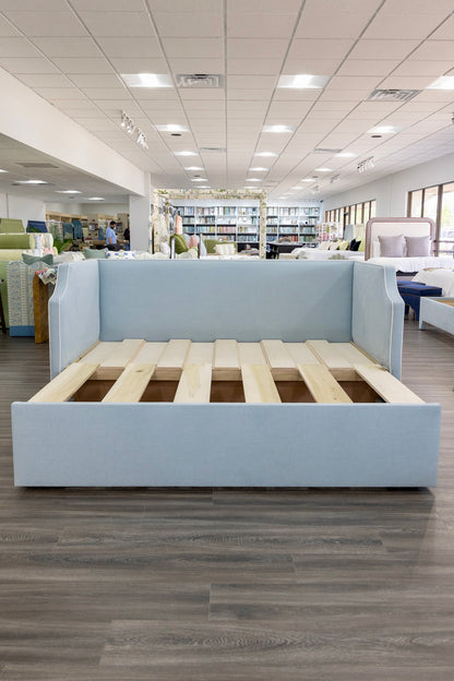 The Addison Twin to King Trundle Daybed - Sky Blue Woven fabric - White Trim