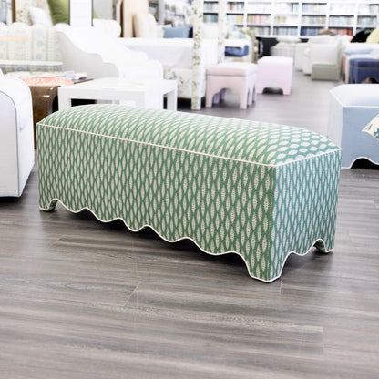 50” L Scalloped End of Bed Bench in Sage Leaf Fabric - White Trim