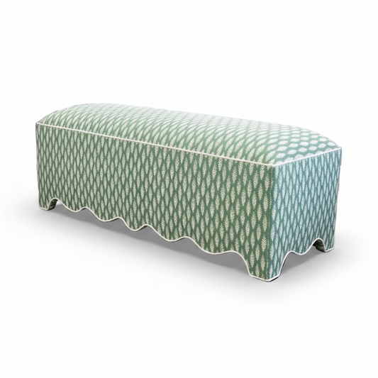 50” L Scalloped End of Bed Bench in Sage Leaf Fabric - White Trim