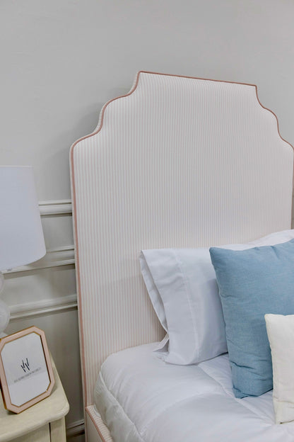 The Helena Twin Bed - Scalloped Base - Classic Ticking Pink Fabric - Pink Trim