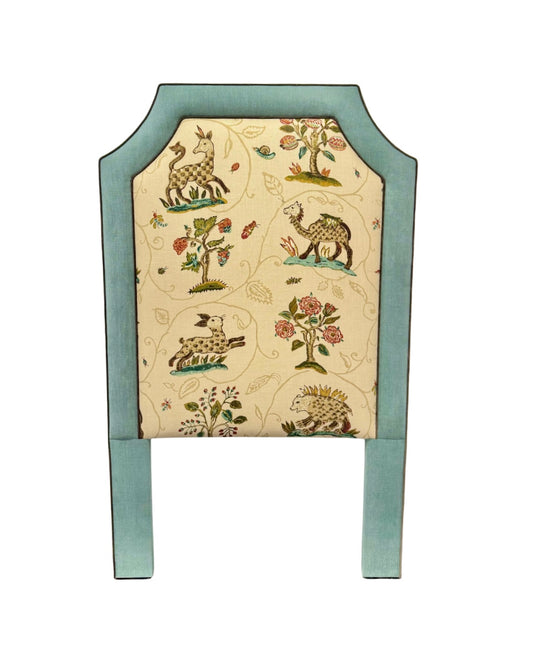 65”H Twin Headboard only - La Menagerie Schumacher - Sage Green Fabric with Brown Trim