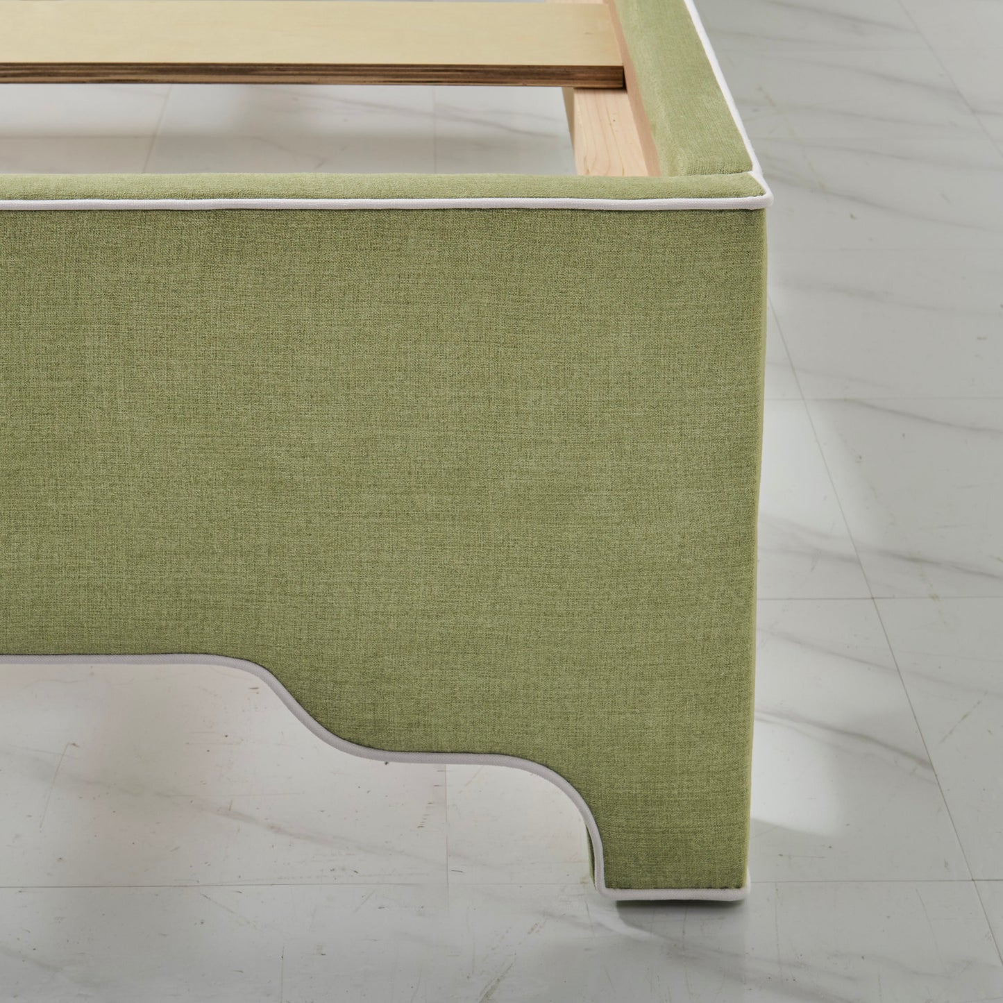 65" H Queen Upholstered Platform Bed - Scalloped Legs - Pistachio Green Woven Fabric with White Trim