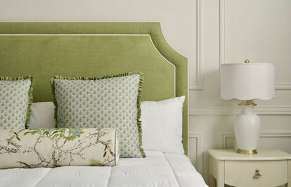 The Addison King Bed - Scalloped Legs - Pistachio Green Woven Fabric - White Trim
