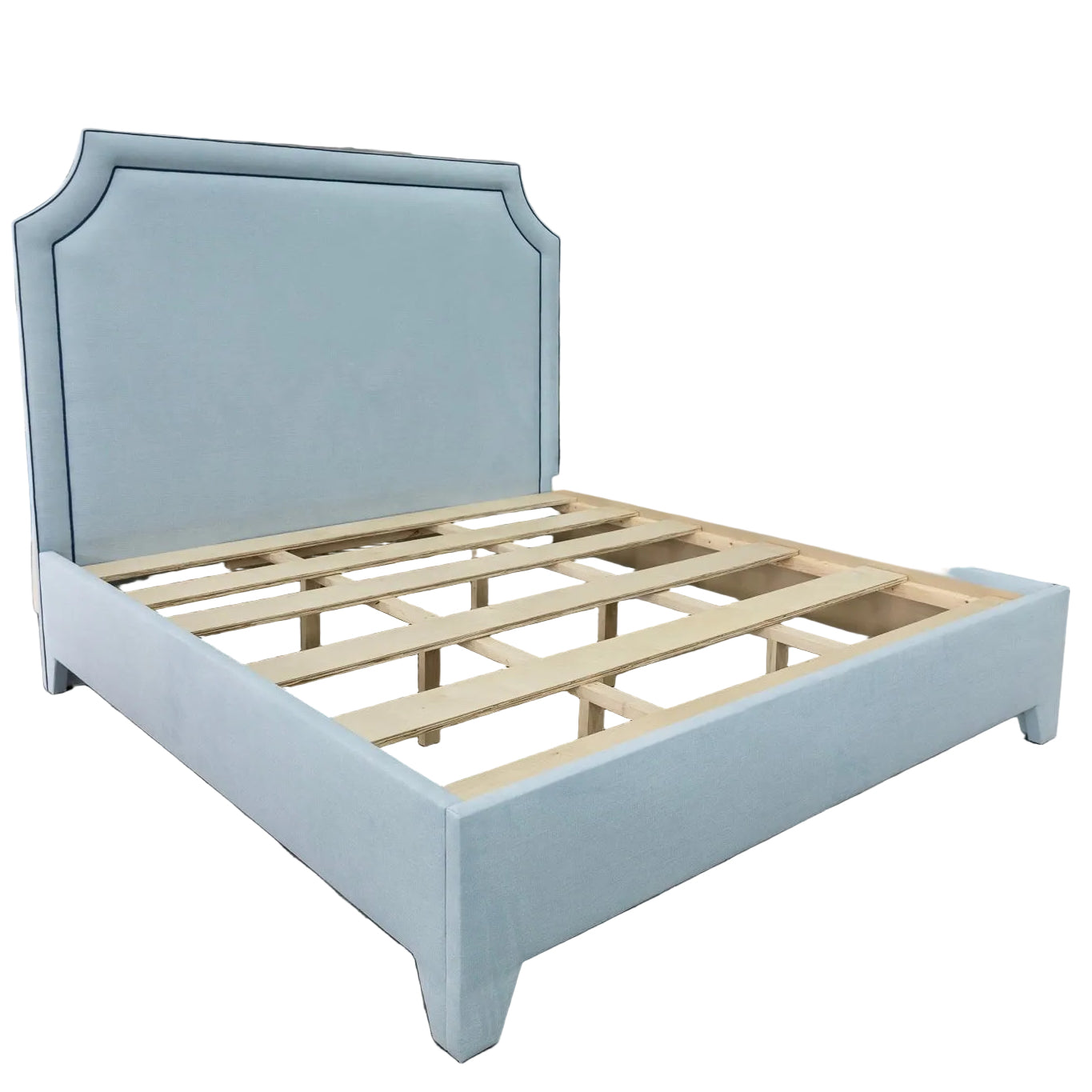 The Addison King Bed - Upholstered Legs - Sky Blue Woven Fabric with Navy Trim