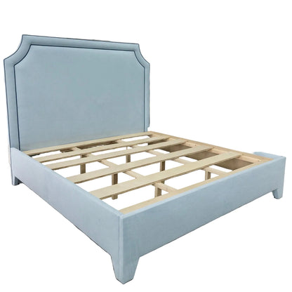 The Addison King Bed - Upholstered Legs - Sky Blue Woven Fabric with Navy Trim