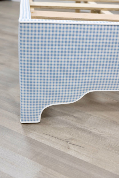 The Grace Queen Bed - Blue Gingham Fabric - White Trim