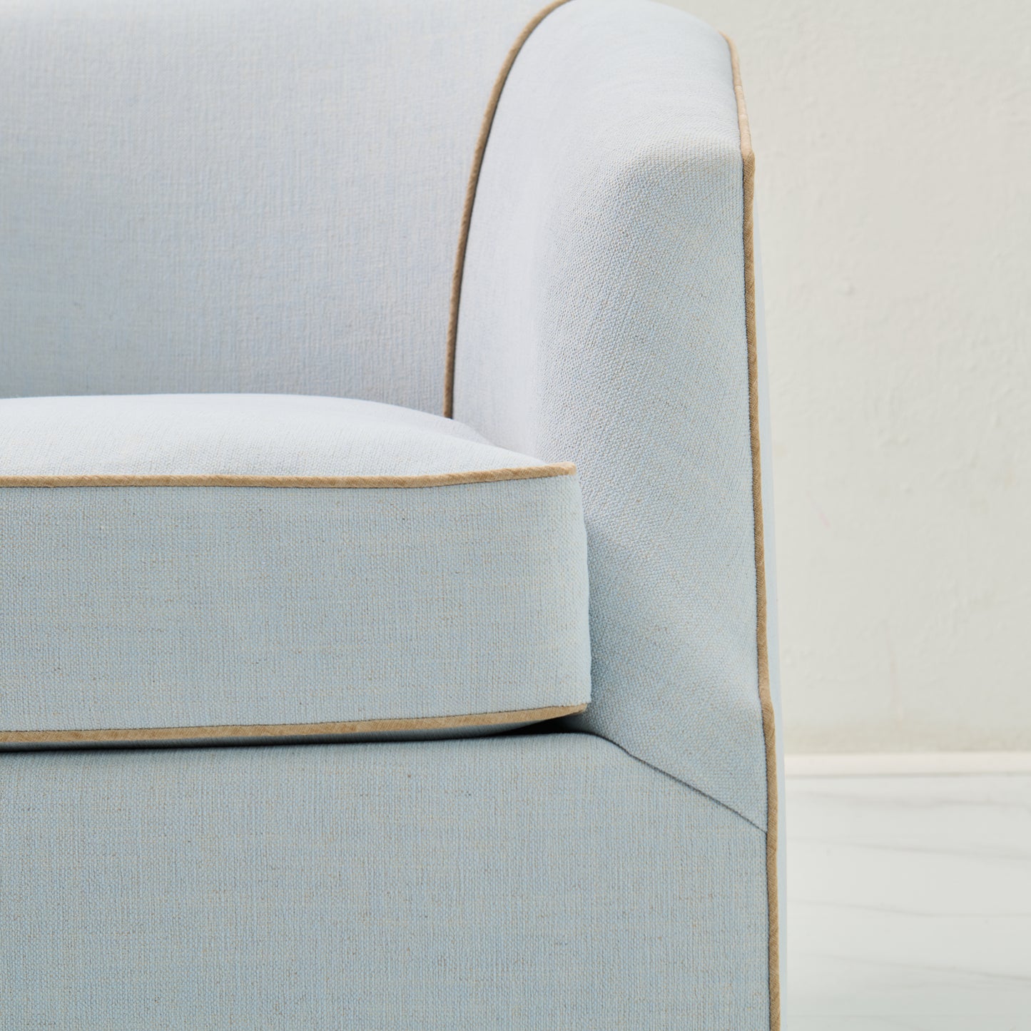 Custom Swivel Chair -  Performance Crypton Fabric in Light Blue - Mushroom Trim