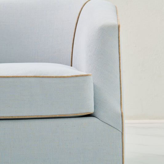 Custom Swivel Chair -  Performance Crypton Fabric in Light Blue - Mushroom Trim