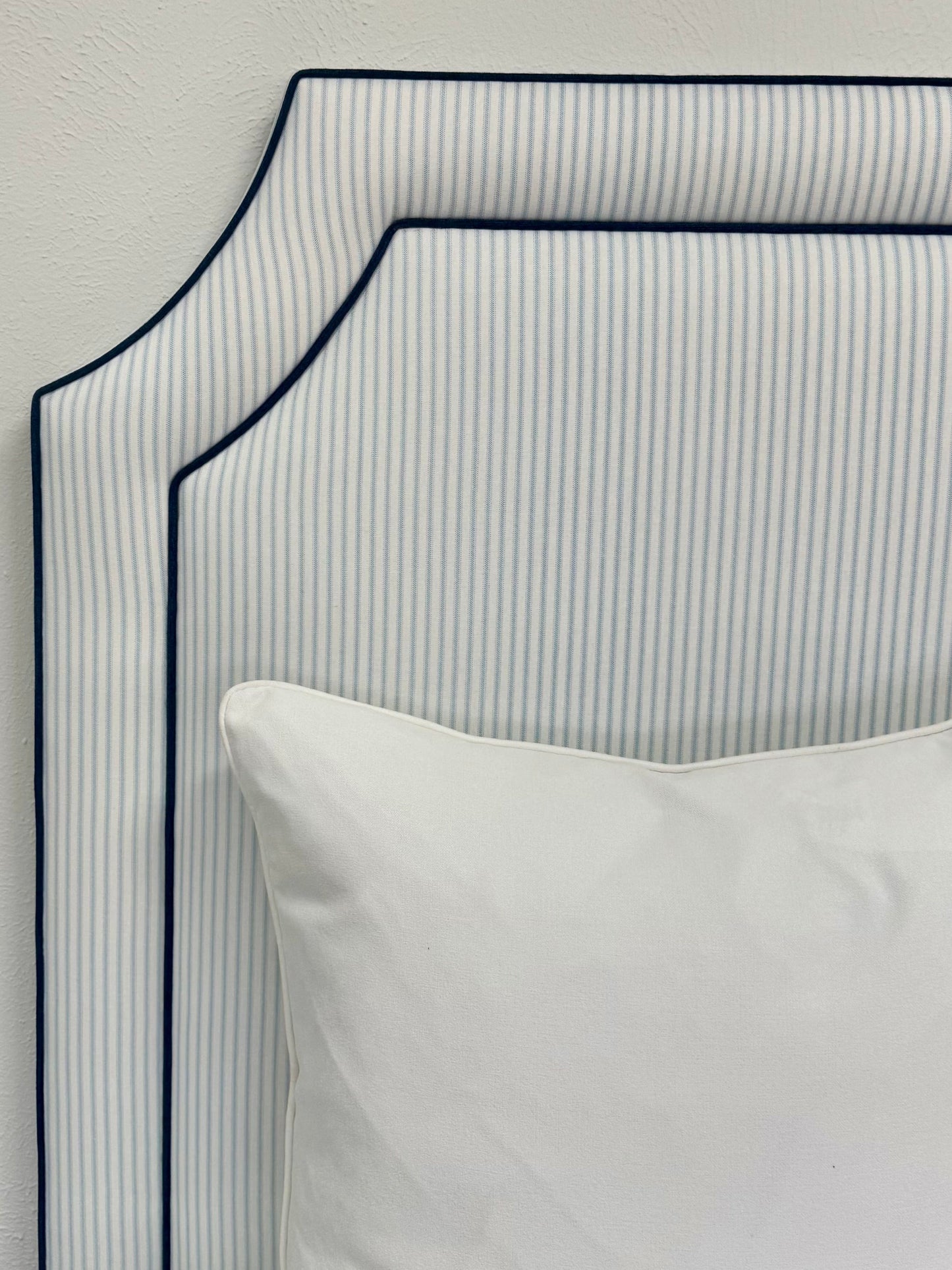 The Addison Twin Headboard - Classic Blue Ticking Stripe Fabric - Navy Trim