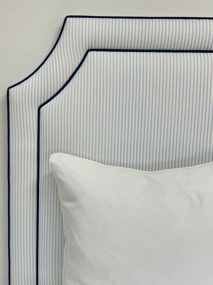 The Addison Twin Headboard - Classic Blue Ticking Stripe Fabric - Navy Trim