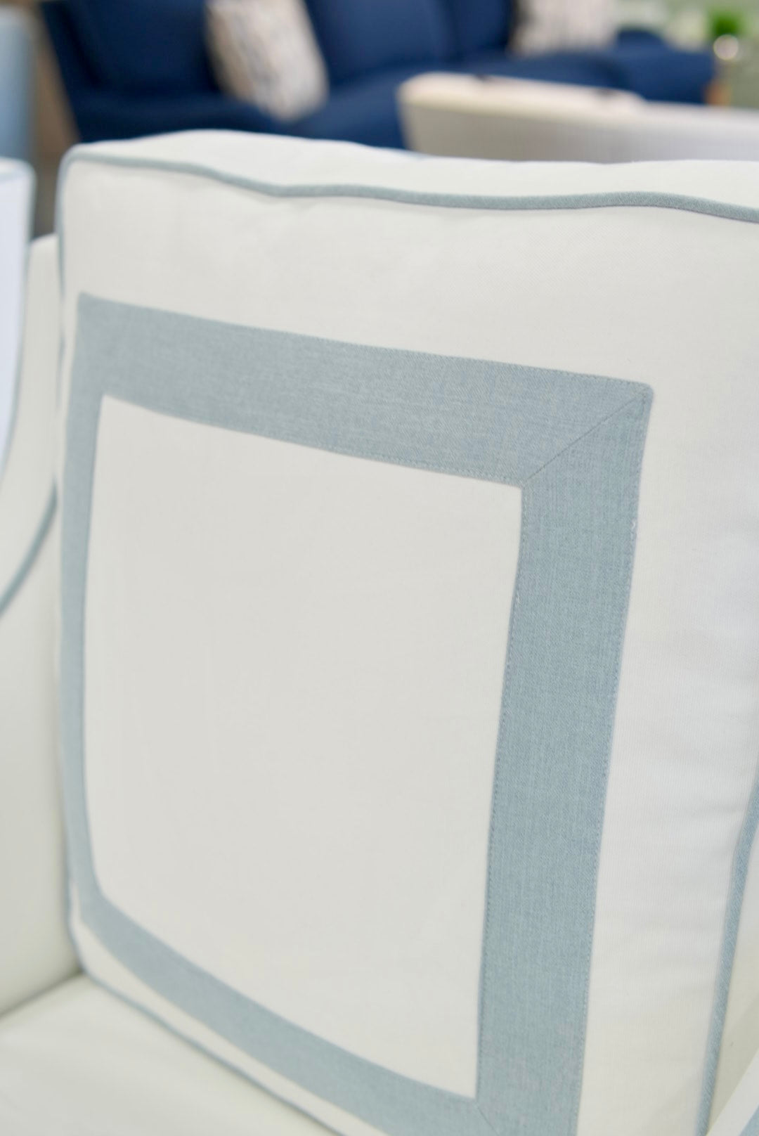 Custom Swivel Glider Chair – White Linen with Sky Blue Trim