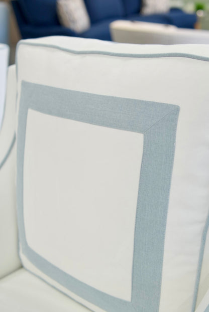 Custom Swivel Glider Chair – White Linen with Sky Blue Trim