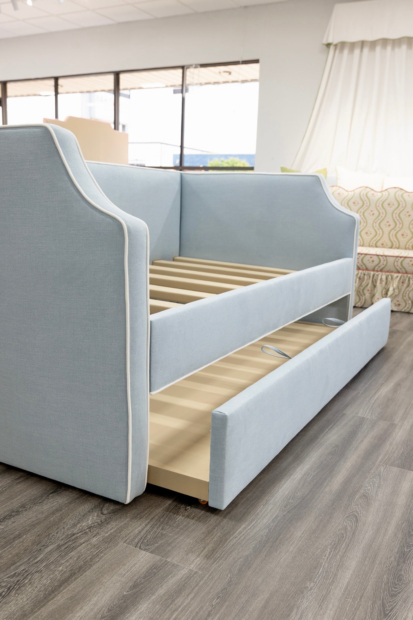The Addison Twin Trundle Daybed - Sky Blue Woven Fabric - White Trim
