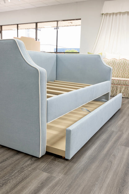 The Addison Twin Trundle Daybed - Sky Blue Woven Fabric - White Trim