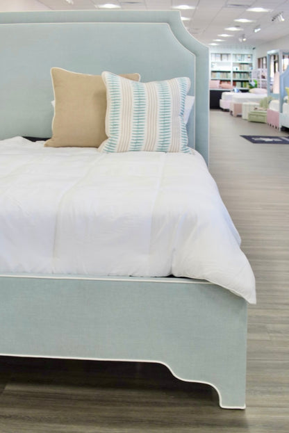 The Addison Cali King Bed - Scalloped Legs - Seafoam Green Woven - White Trim