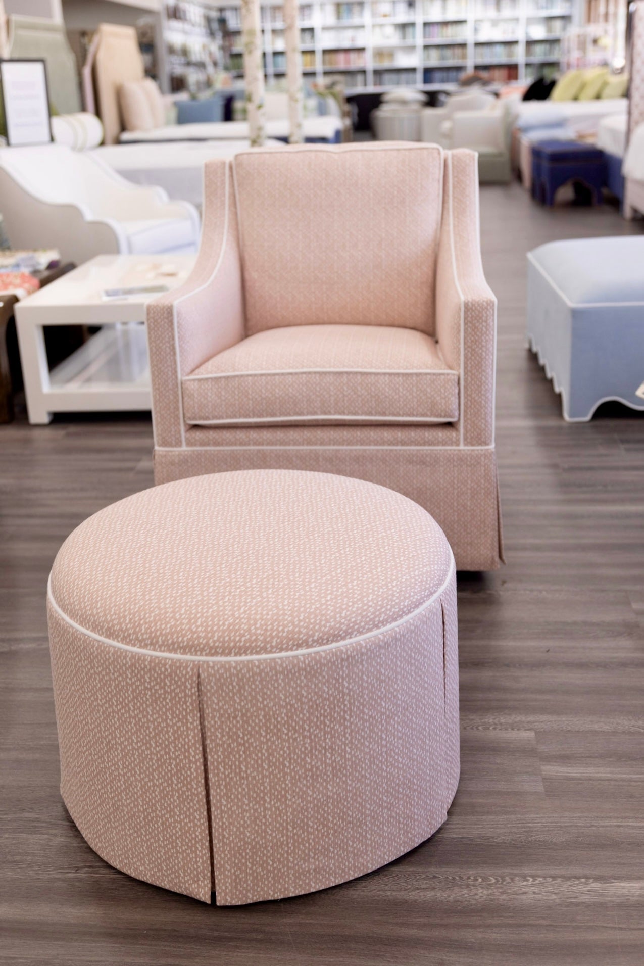 The Marlowe Ottoman - Dotted Blush Pink Fabric - White Trim