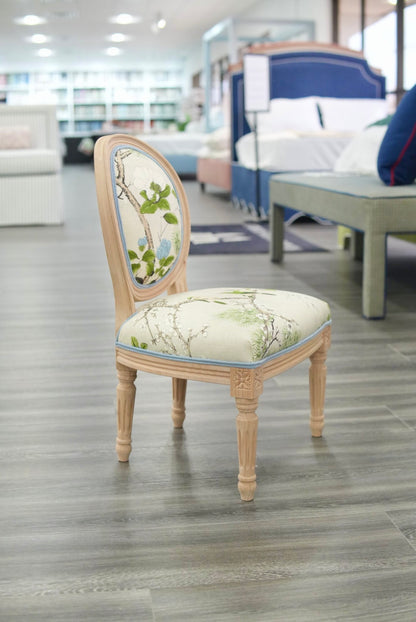 Custom Upholstered Tiny Chair in Thibaut Floral Fabric - Blue Trim