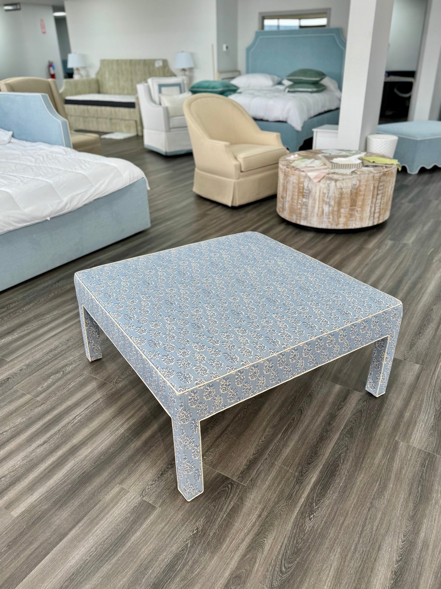 Custom Upholstered Bench in Perry Blue Floral Fabric