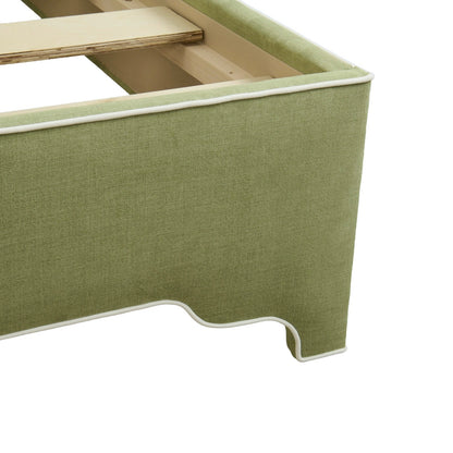 The Addison King Bed - Scalloped Legs - Pistachio Green Woven Fabric - White Trim