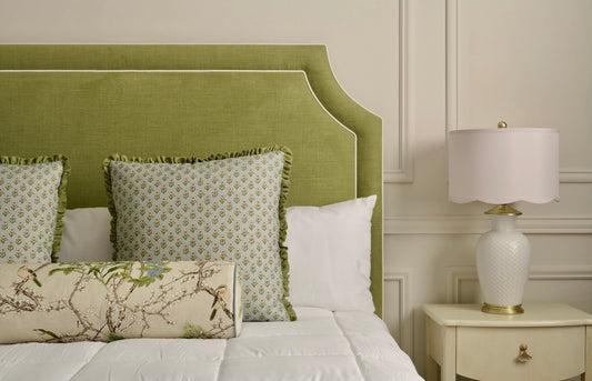 The Addison Queen Bed - Scalloped Legs - Pistachio Green Woven Fabric - White Trim
