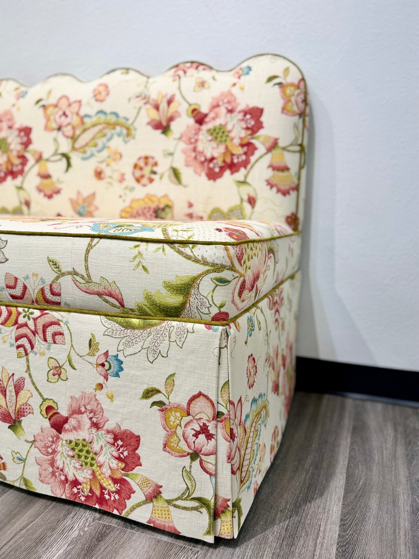 76"L Custom Scalloped Banquette in Ophelia Blossom - Modern Upholstered Dining Banquette with Pleated Skirt