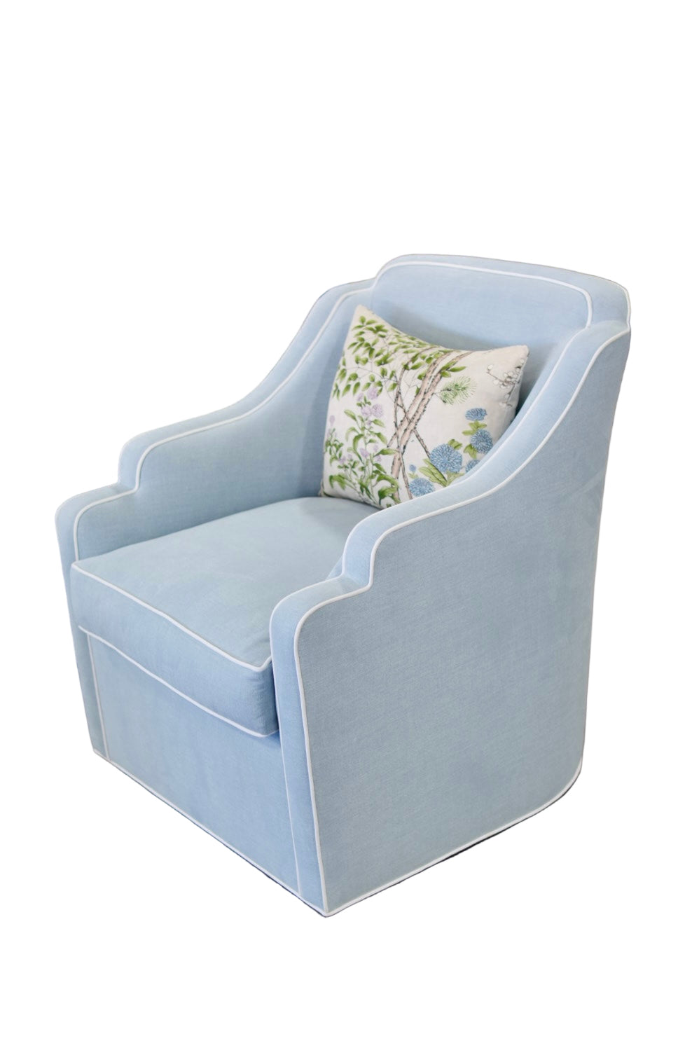 Custom Scalloped Swivel Chair: Sky Blue woven Fabric