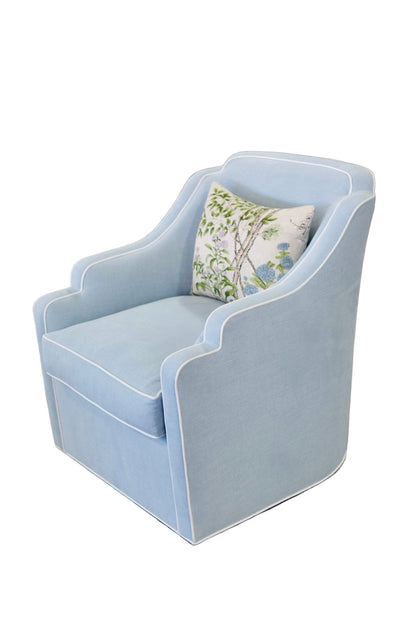 Custom Scalloped Swivel Chair: Sky Blue woven Fabric