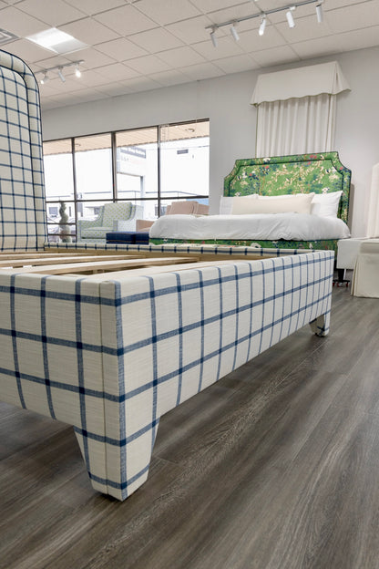 The Lorraine Queen Platform Bed in Navy Plaid Fabric - Navy Trim
